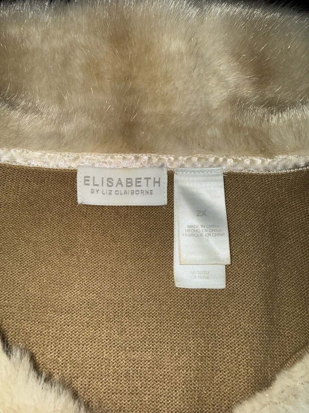 Vintage Y2K Elisabeth by Liz Claiborne Camel Faux Fur Trim Cardigan Sweater-2X - Picture 3 of 6